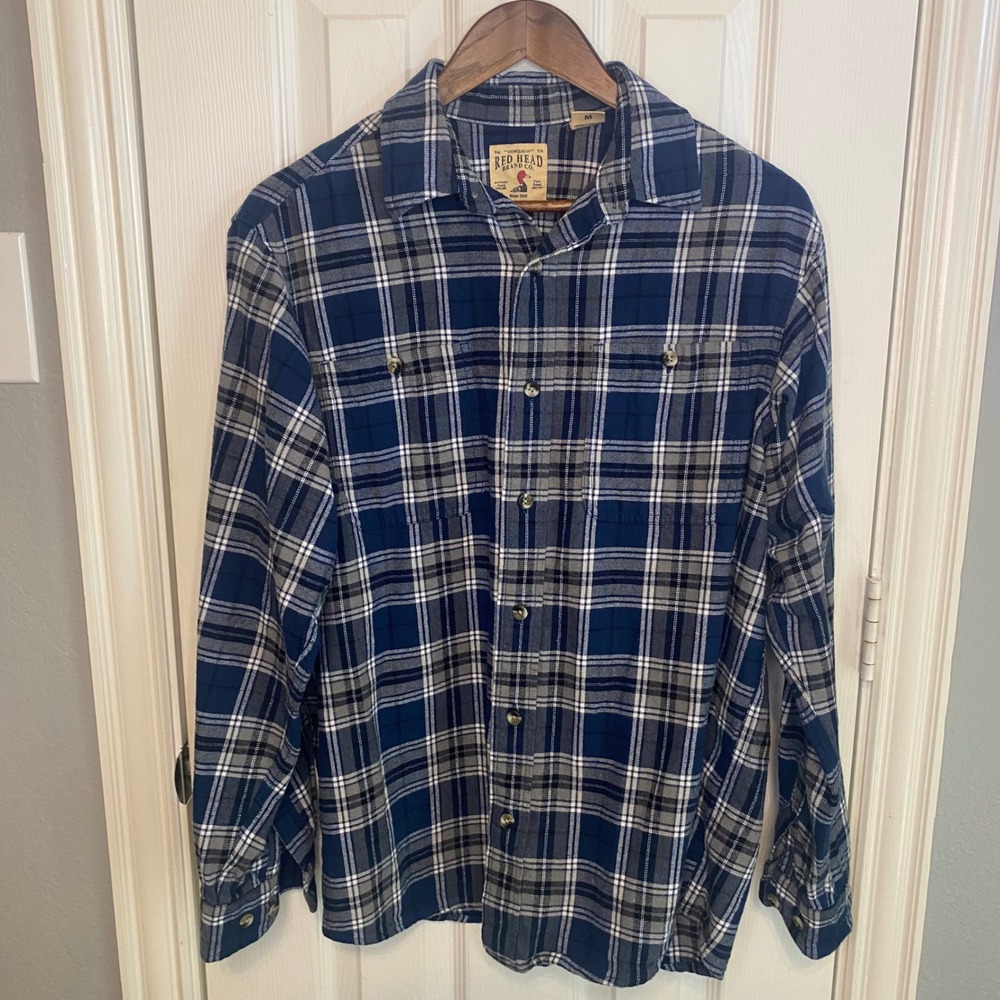 Red Head Brand Co Mens Navy Blue Grey Plaid Flannel Button Down Shirt Medium